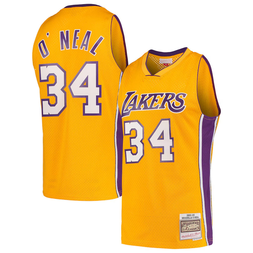 Johmsee LA.Lakers #34 Shaquille O'Neal Mitchell & Ness Gold Hardwood Classics Swingman Jerseys