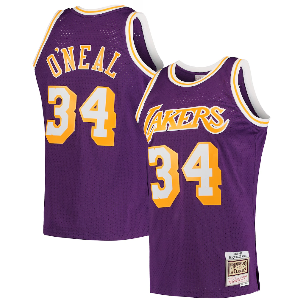 Johmsee LA.Lakers #34 Shaquille O'Neal Mitchell & Ness Purple Hardwood Classics Swingman Jerseys