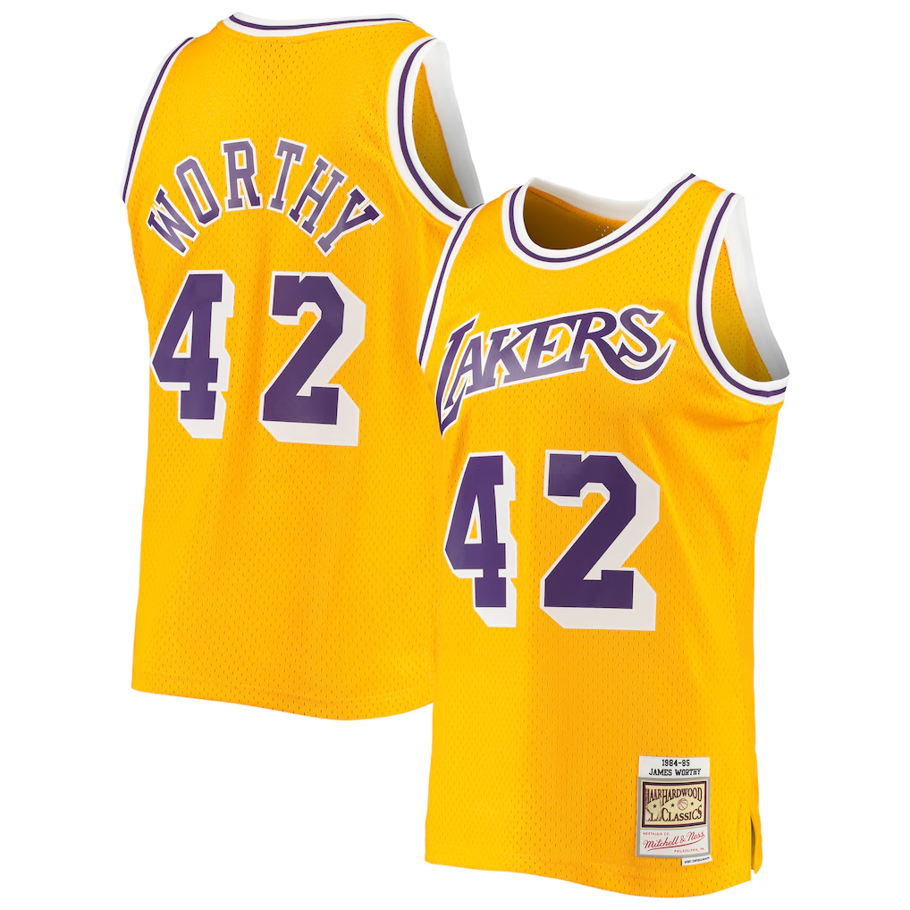 Johmsee LA.Lakers #42 James Worthy Mitchell & Ness Gold 1984-1985 Hardwood Classics Swingman Stitched Jerseys