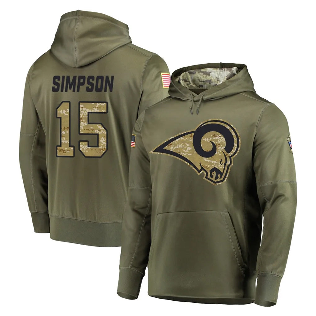 Johmsee LA.Rams #15 Ty Simpson Player Olive Salute to Service Pullover Hoodies Home Game Stitched Jerseys