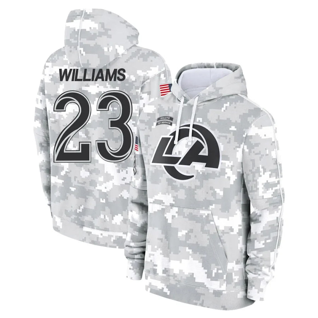 Johmsee LA.Rams #23 Kyren Williams Player Arctic Camo Salute to Service Hoodies Limited Game Stitched Jerseys