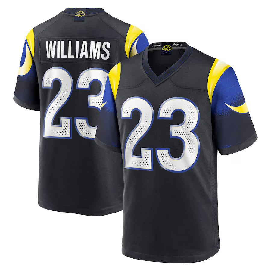 Johmsee LA.Rams #23 Kyren Williams Player Midnight Blue Rivalries Collection Game Stitched Jersey