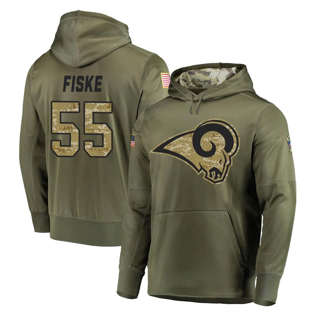 Johmsee LA.Rams #55 Braden Fiske Player Olive Salute to Service Pullover Hoodies Home Game Stitched Jerseys