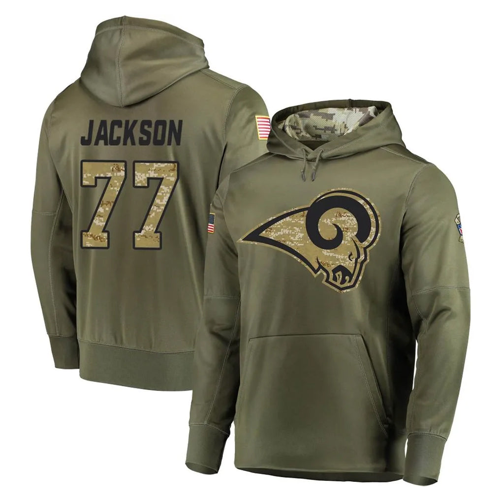 Johmsee LA.Rams #77 Alaric Jackson Player Olive Salute to Service Pullover Hoodies Home Game Stitched Jerseys