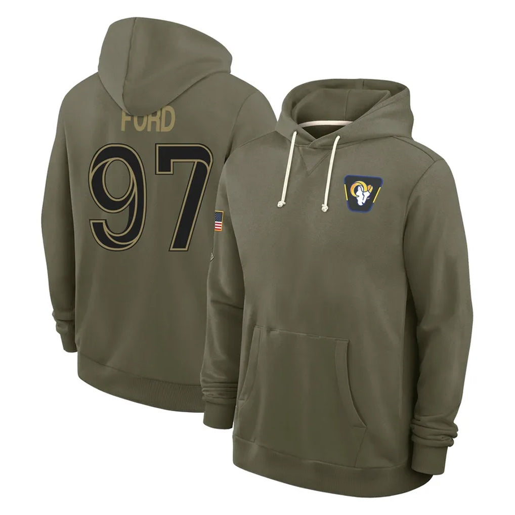 Johmsee LA.Rams #97 Poona Ford Player Olive Salute to Service Pullover Hoodies Limited Stitched Jerseys