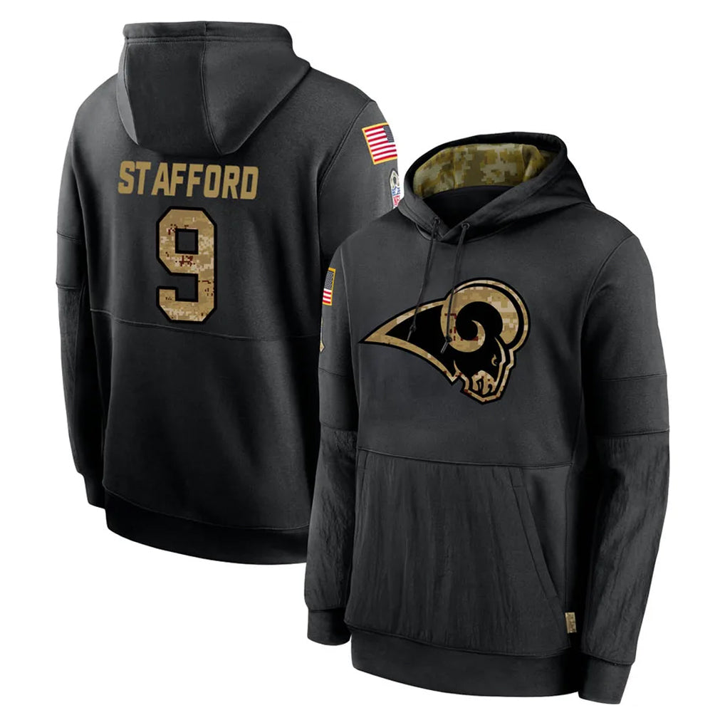 Johmsee LA.Rams #9 Matthew Stafford Player Black Salute to Service Hoodies Limited Game Stitched Jerseys