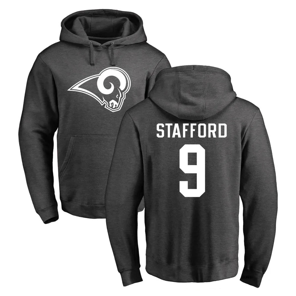 Johmsee LA.Rams #9 Matthew Stafford Player Gray Pullover Hoodie Limited Game Stitched Jerseys