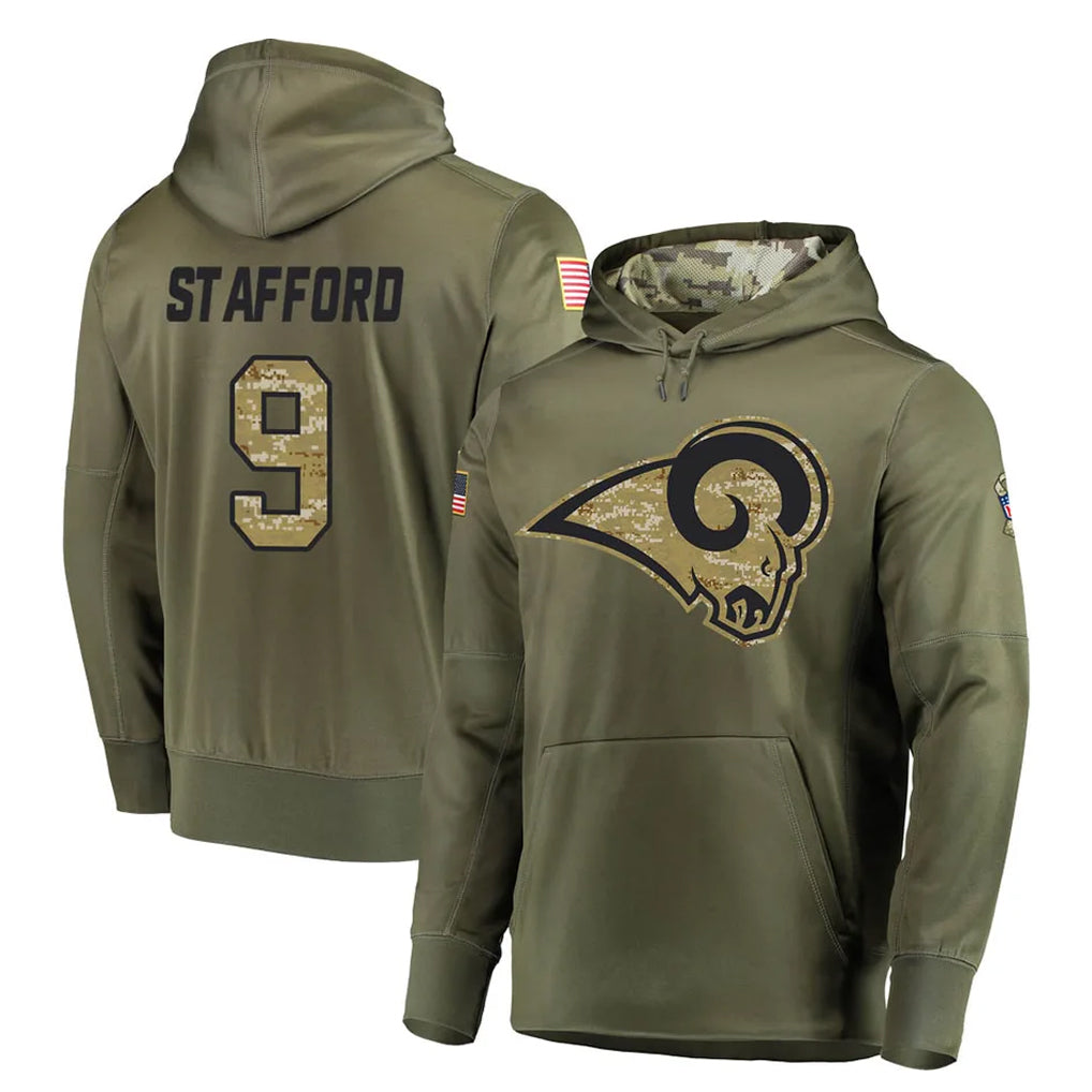 Johmsee LA.Rams #9 Matthew Stafford Player Olive Salute to Service Pullover Hoodies Home Game Stitched Jerseys