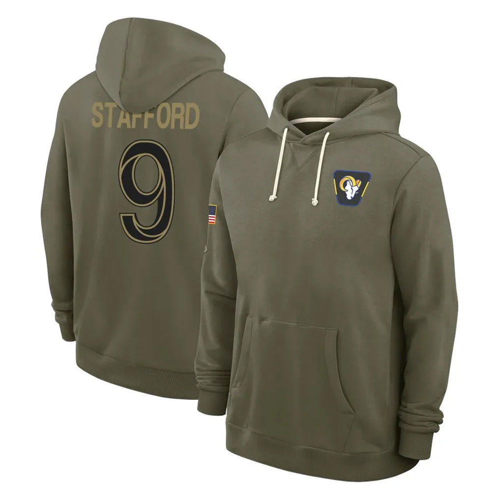 Johmsee LA.Rams #9 Matthew Stafford Player Olive Salute to Service Pullover Hoodies Limited Stitched Jerseys