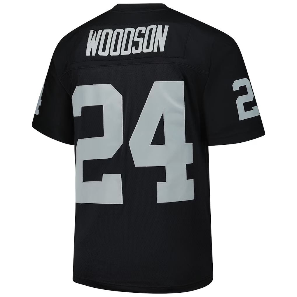 Johmsee LV.Raiders #24 Charles Woodson Mitchell & Ness Black Legacy Replica Jersey Stitched Puhic