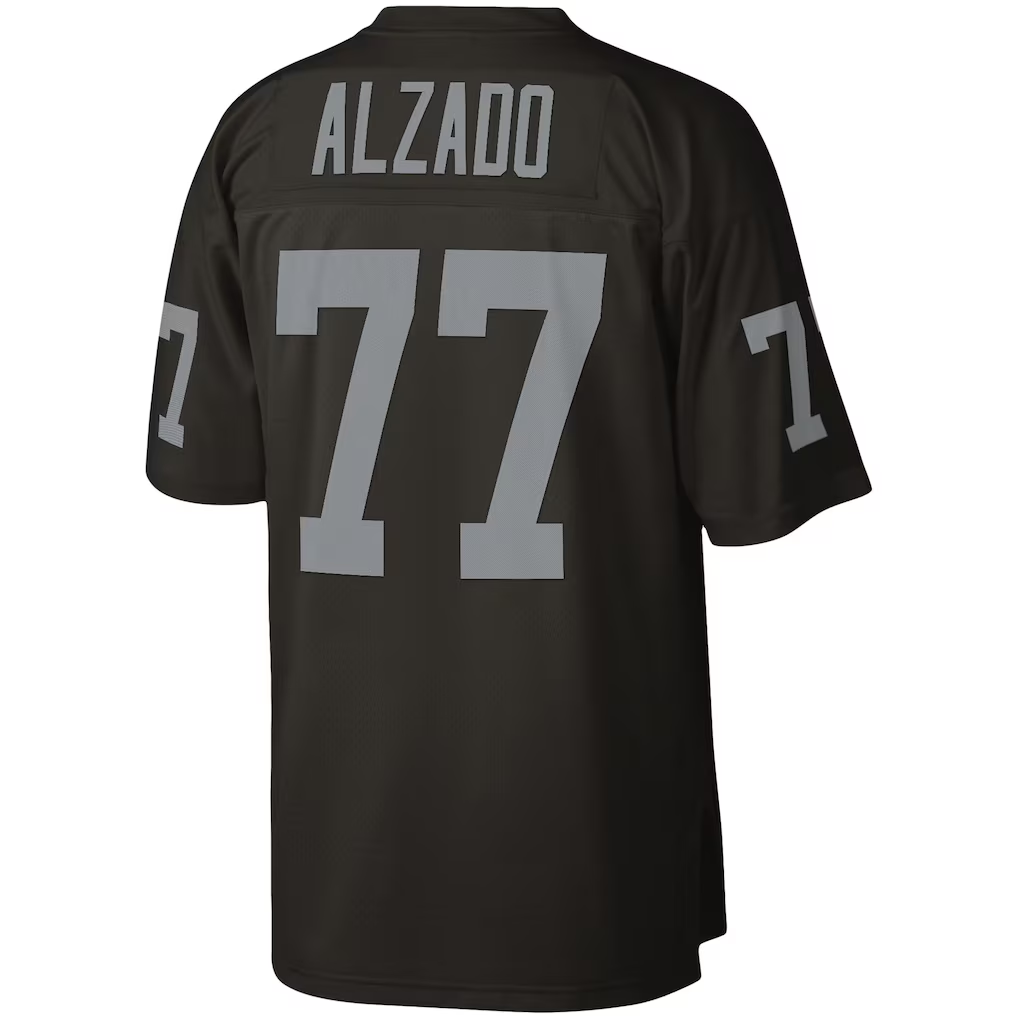 Johmsee LV.Raiders #77 Lyle Alzado Mitchell & Ness Black Legacy Replica Stitched Puhic  Jersey