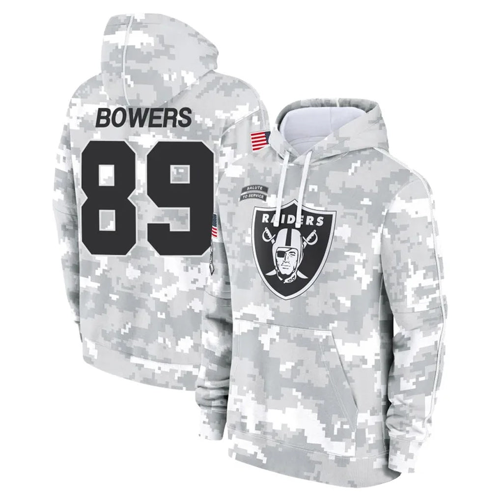 Johmsee LV.Raiders #89 Brock Bowers Player Arctic Camo Salute to Service Hoodies Stitched Jerseys