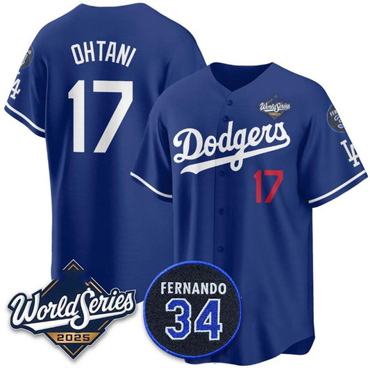 Los Angeles Dodgers #17 Shohei Ohtani Royal 2025 World Series With No.34 Patch Limited Stitched Baseball Jersey