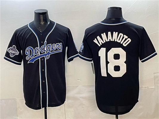 Los Angeles Dodgers #18 Yoshinobu Yamamoto Black 2025 World Series Champions Patch Cool Base Stitched Baseball Jersey