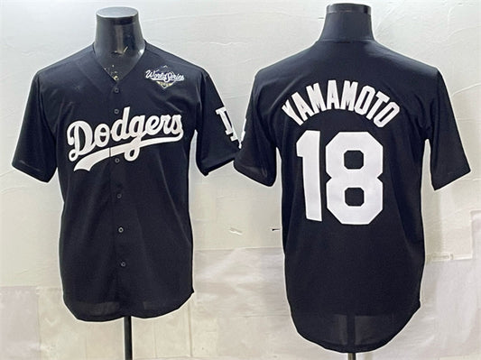 Los Angeles Dodgers #18 Yoshinobu Yamamoto Black 2025 World Series Patch Cool Base Stitched Baseball Jersey