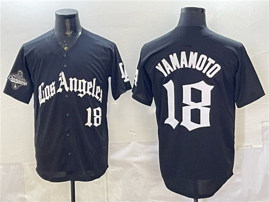 Los Angeles Dodgers #18 Yoshinobu Yamamoto Black LA Gothic Style With 2025 World Series Champions Patch Limited Stitched Baseball Jersey
