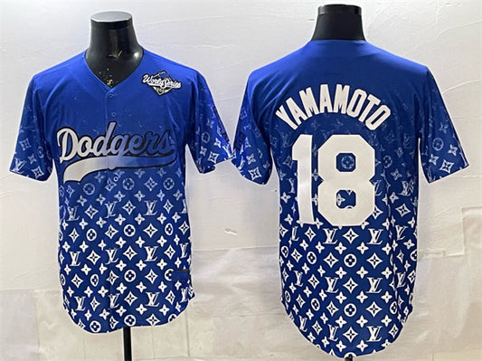 Los Angeles Dodgers #18 Yoshinobu Yamamoto Blue 2025 World Series Patch Limited Stitched Baseball Jersey