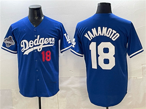 Los Angeles Dodgers #18 Yoshinobu Yamamoto Royal 2025 World Series Champions Patch Limited Stitched Baseball Jersey