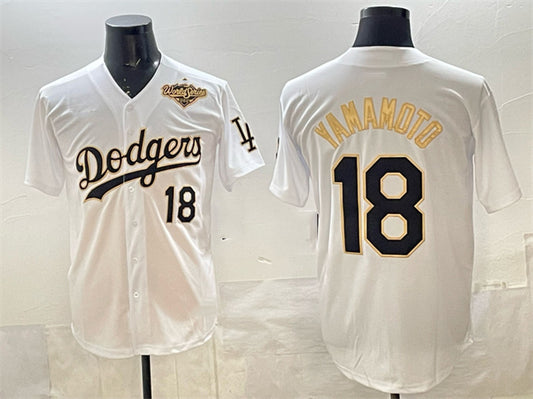 Los Angeles Dodgers #18 Yoshinobu Yamamoto White Gold 2025 World Series Patch Limited Stitched Baseball Jersey