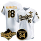Los Angeles Dodgers #18 Yoshinobu Yamamoto White Gold 2025 World Series With No.34 Patch Limited Stitched Baseball Jersey