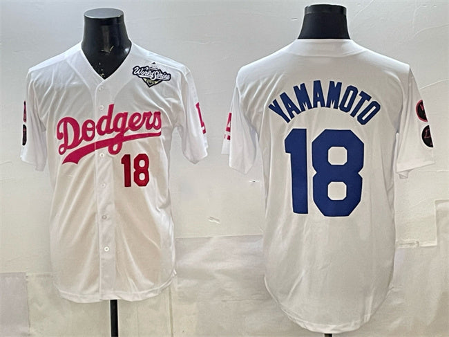 Los Angeles Dodgers #18 Yoshinobu Yamamoto White Pink 2025 World Series Vin & Kobe Patch Limited Stitched Baseball Jersey