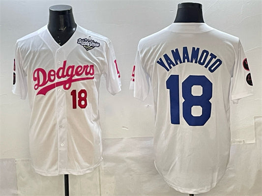Los Angeles Dodgers #18 Yoshinobu Yamamoto White Pink 2025 World Series Vin & Kobe Patch Limited Stitched Baseball Jersey