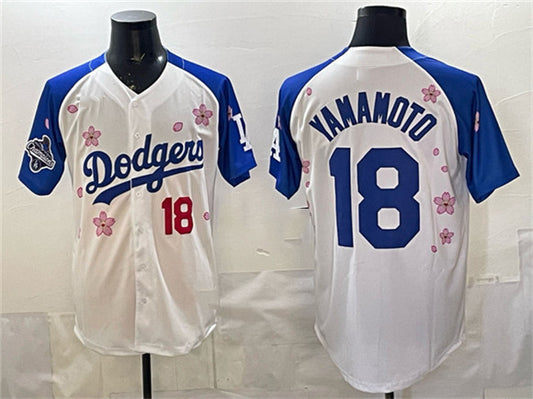 Los Angeles Dodgers #18 Yoshinobu Yamamoto White Royal 2025 World Series Champions Patch Tokyo Series Limited Stitched Baseball Jersey