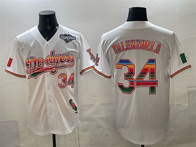 Los Angeles Dodgers #34 Fernando Valenzuela White Mexico California Patch 2025 World Series Patch Stitched Baseball Jersey