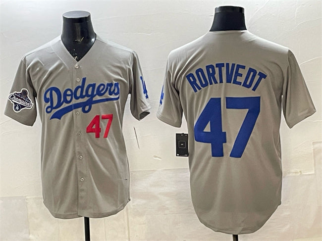 Los Angeles Dodgers #47 Ben Rortvedt Gray 2025 World Series Champions Patch Limited Stitched Baseball Jersey
