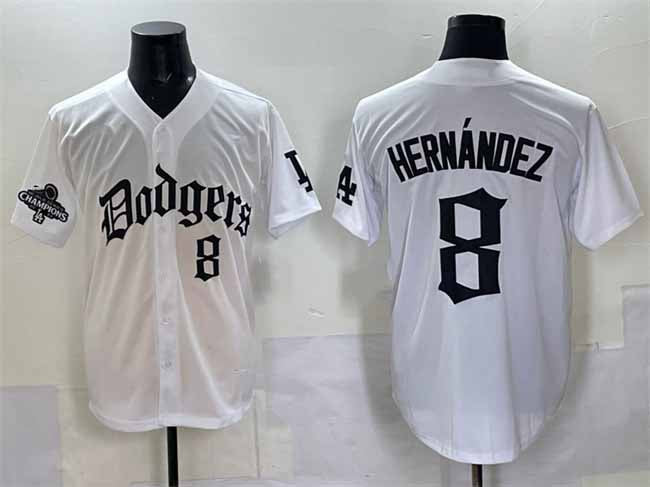 Los Angeles Dodgers #8 Enrique Hernández White 2025 LA Gothic Style With 2024 World Series Champions Patch Vapor Premier Limited Stitched Baseball Jersey