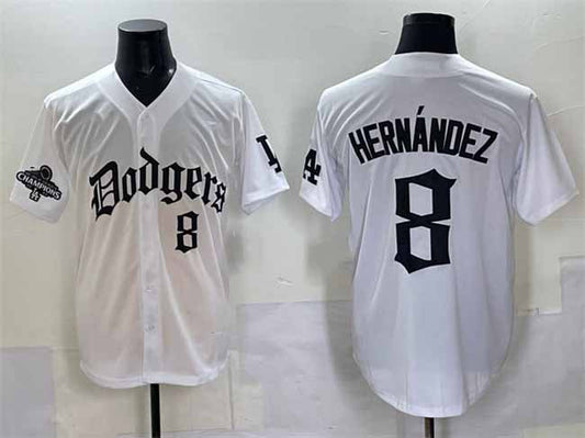 Los Angeles Dodgers #8 Enrique Hernández White 2025 LA Gothic Style With 2024 World Series Champions Patch Vapor Premier Limited Stitched Baseball Jersey