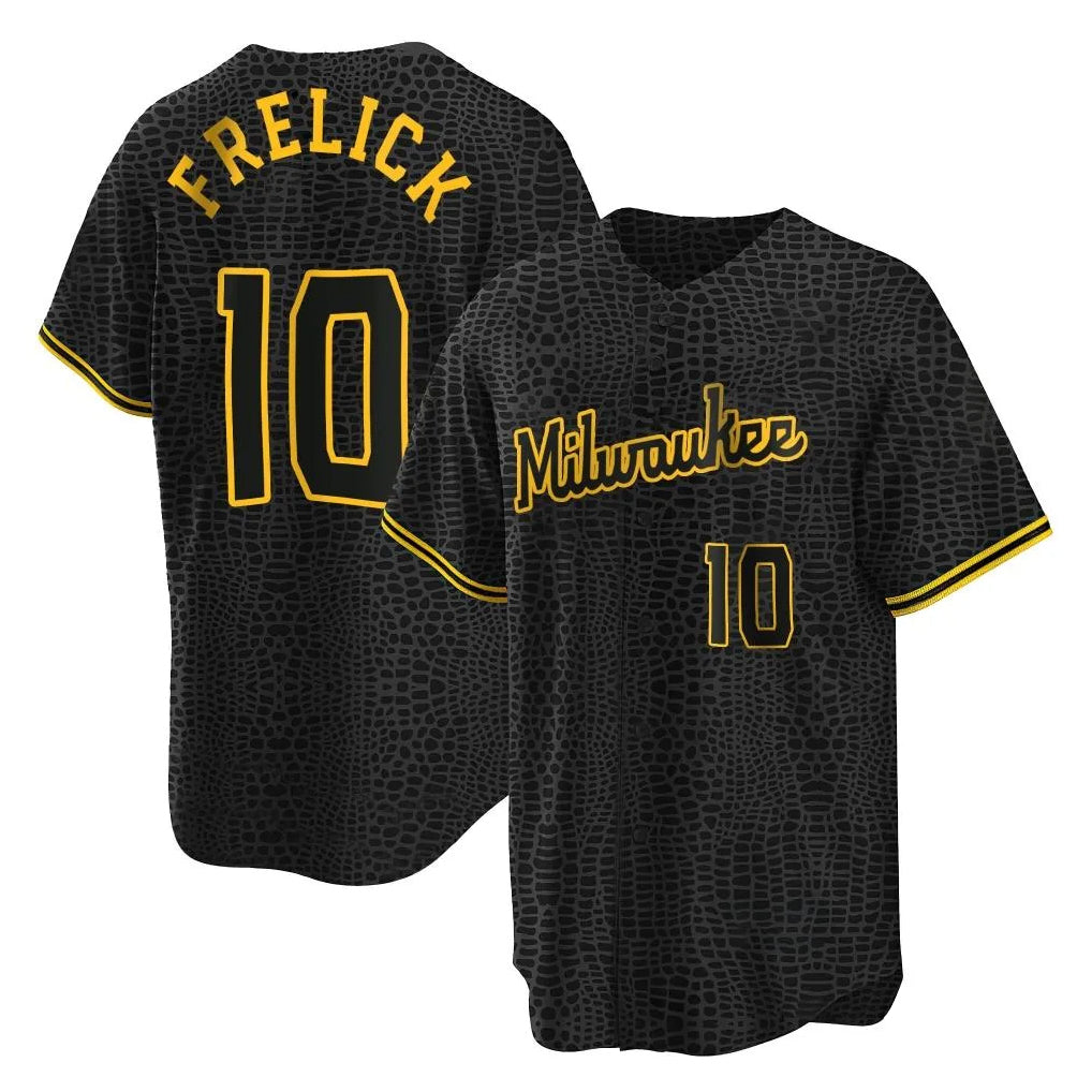 Johmsee M.Brewers #10 Sal Frelick Player Black Snake Skin City Home Game Stitched Jerseys