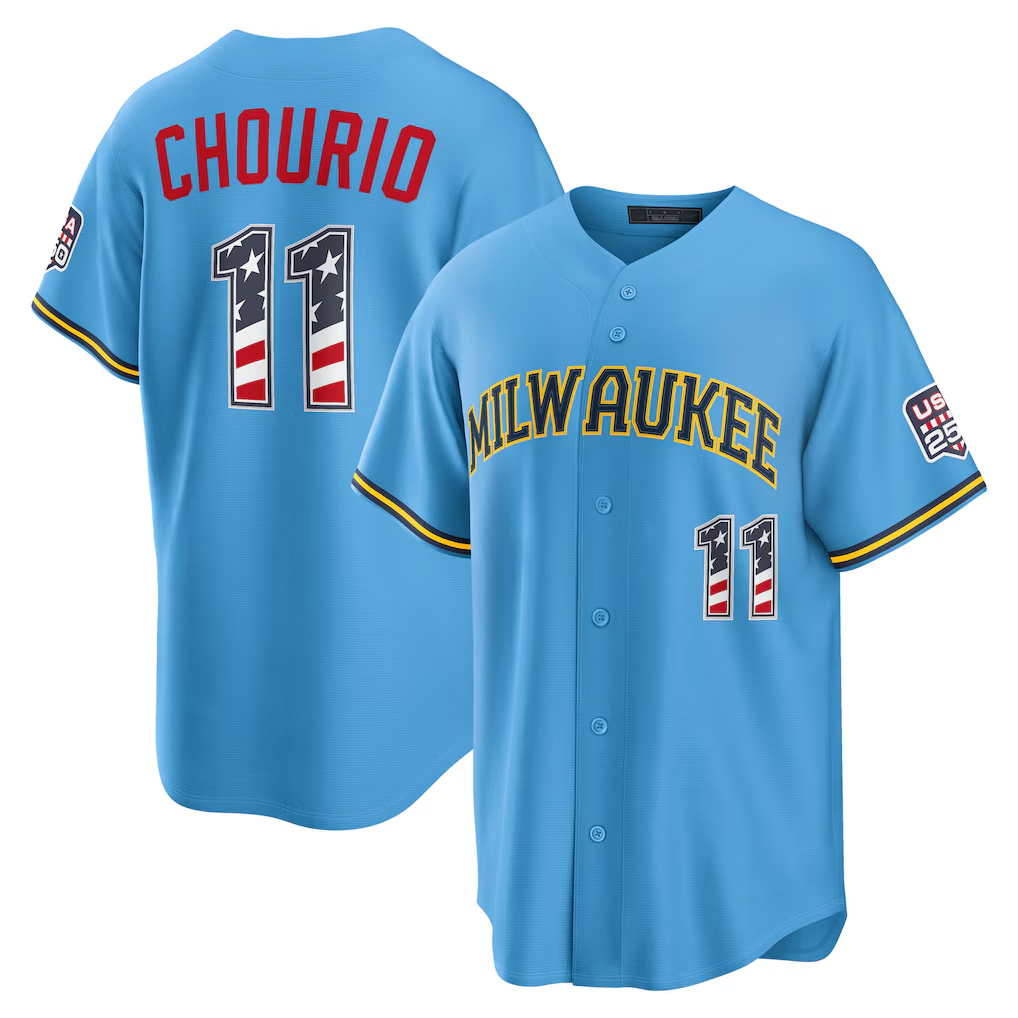 Johmsee M.Brewers #11 Jackson Chourio Light Blue USA 250 Fourth of July Road Stadium Jersey