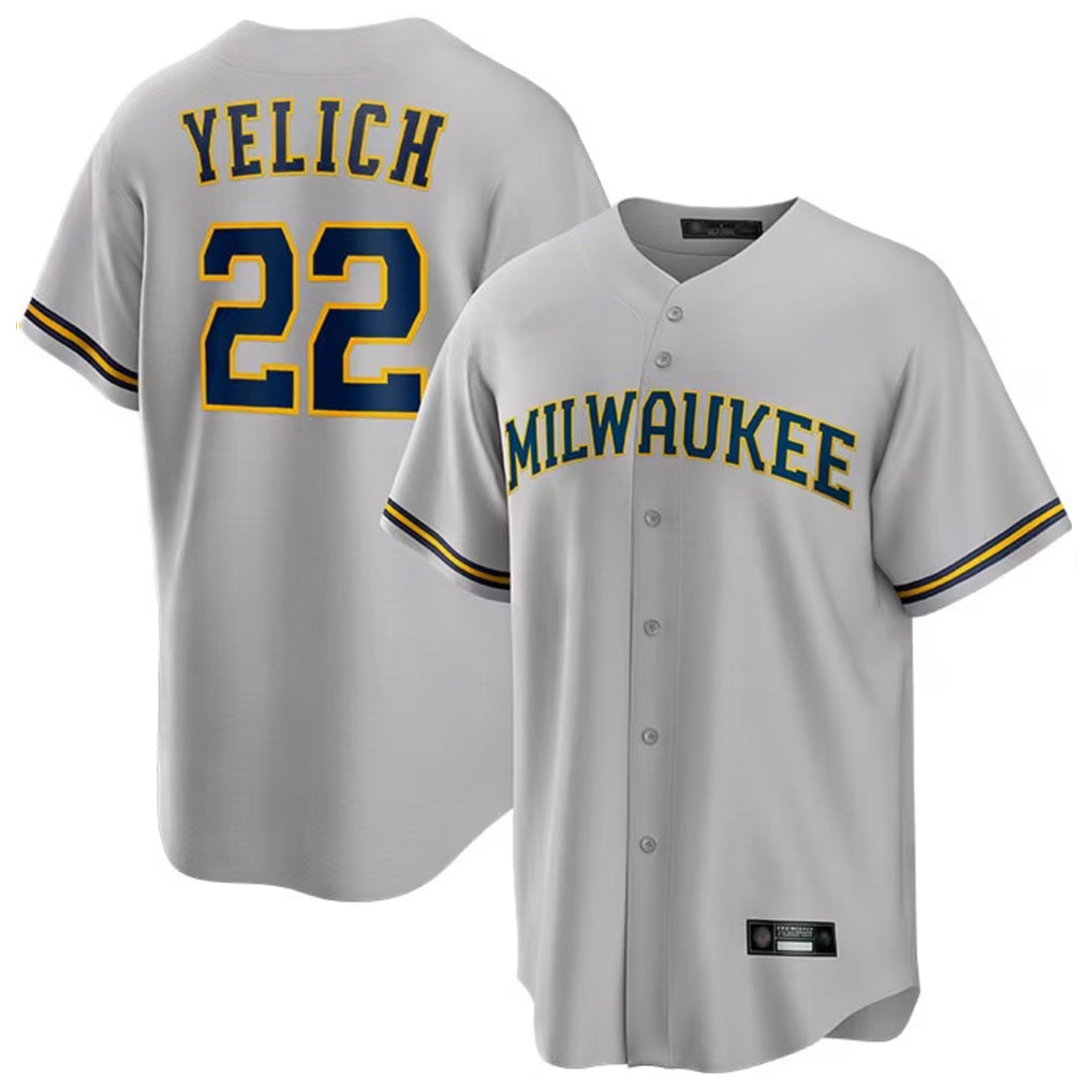 Johmsee M.Brewers #22 Christian Yelich Player Gray Home Game Stitched Jerseys