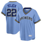 Johmsee M.Brewers #22 Christian Yelich Player Light Blue Cooperstown Collection Game T-shirt Stitched Jerseys