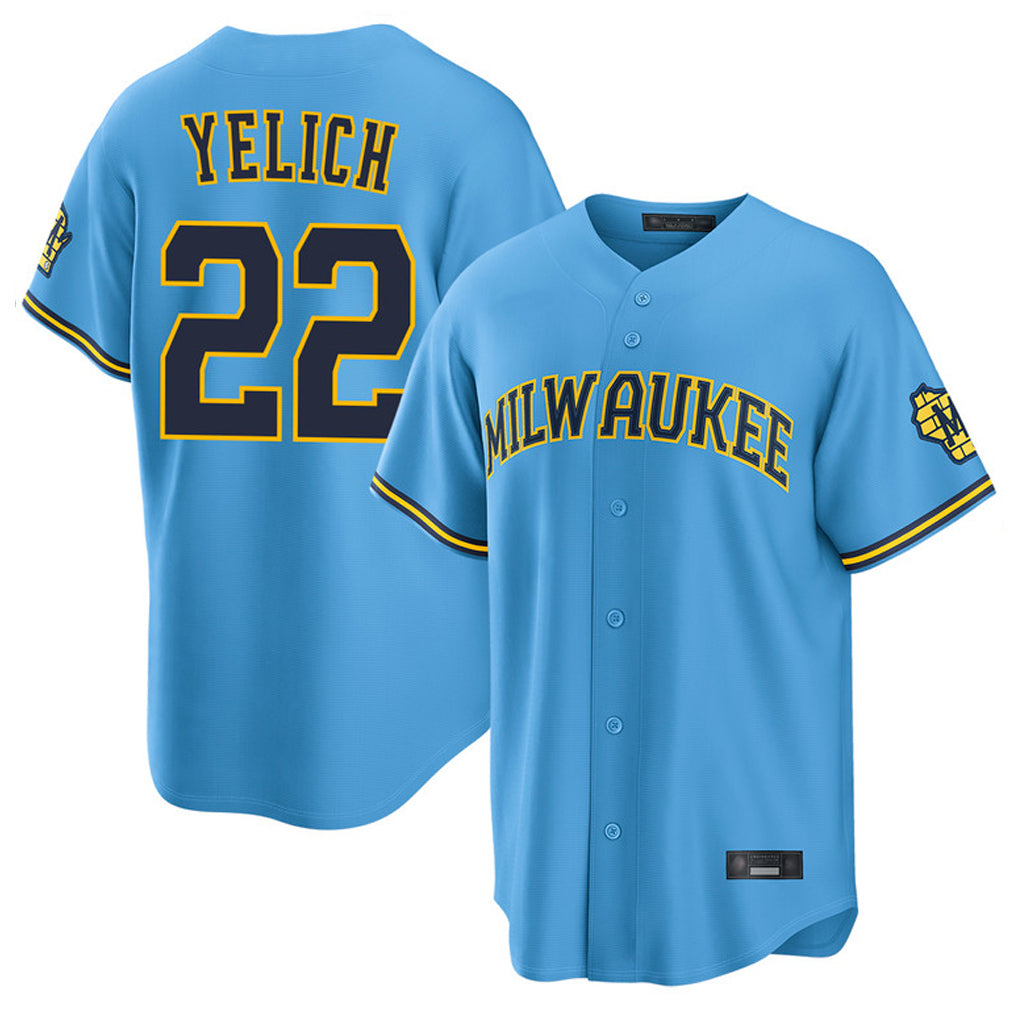 Johmsee M.Brewers #22 Christian Yelich Player Light Blue Road Stadium Game Stitched Jerseys