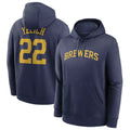 Johmsee M.Brewers #22 Christian Yelich Player Navy Club Pullover Hoodie Game Stitched Jerseys