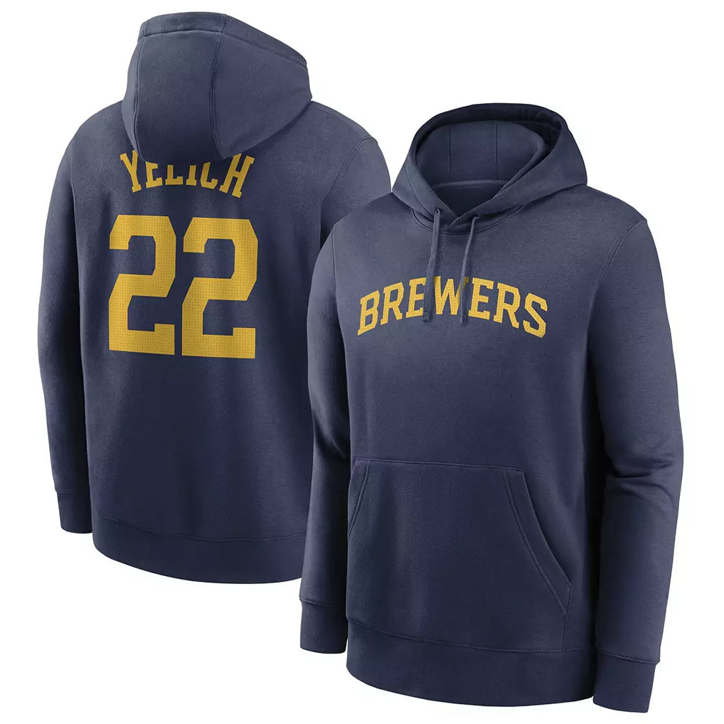 Johmsee M.Brewers #22 Christian Yelich Player Navy Club Pullover Hoodie Game Stitched Jerseys