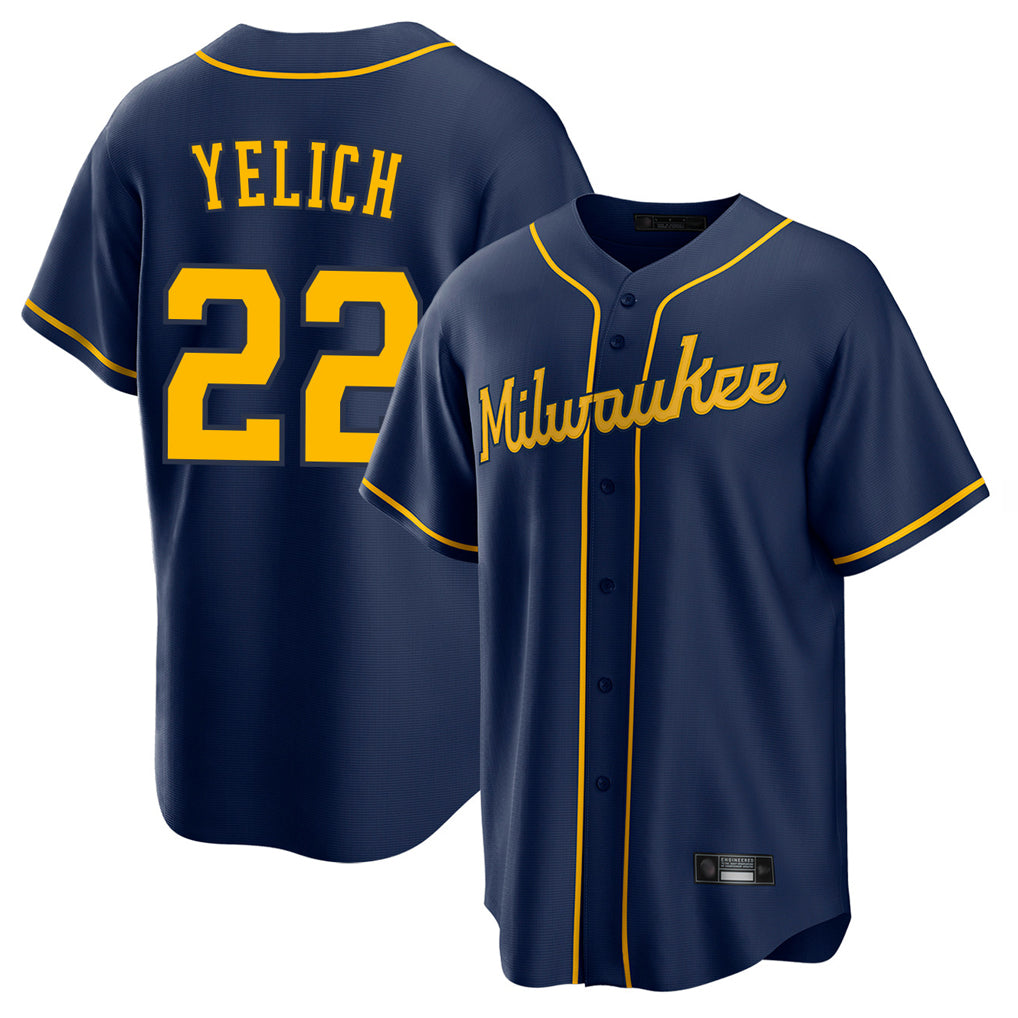 Johmsee M.Brewers #22 Christian Yelich Player Navy Home Game Stitched Jerseys