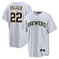 Johmsee M.Brewers #22 Christian Yelich Player White Stripes Home Game Stitched Jerseys