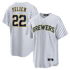 Johmsee M.Brewers #22 Christian Yelich Player White Stripes Home Game Stitched Jerseys