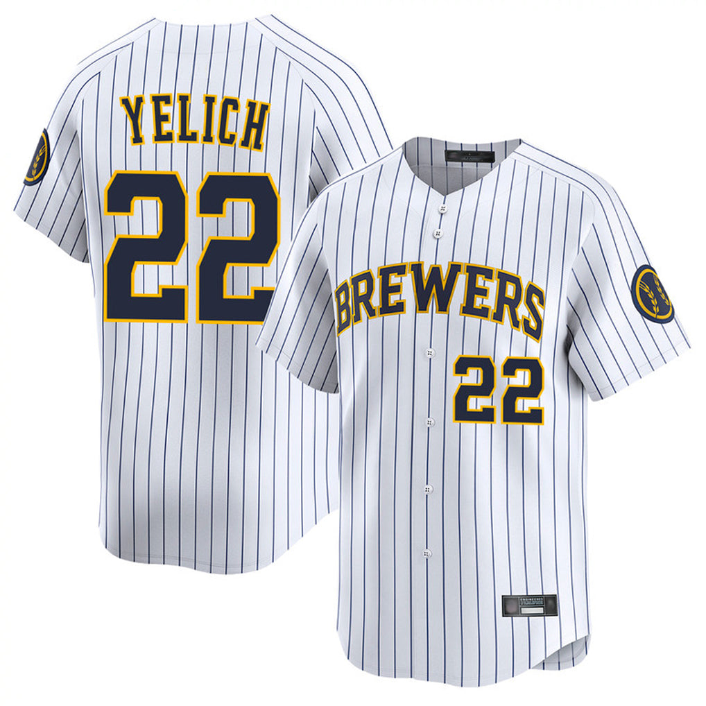 Johmsee M.Brewers #22 Christian Yelich Player White Stripes Home Limited Game Stitched Jerseys