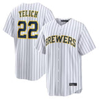 Johmsee M.Brewers #22 Christian Yelich Player White Stripes Home Limited Stitched Jerseys