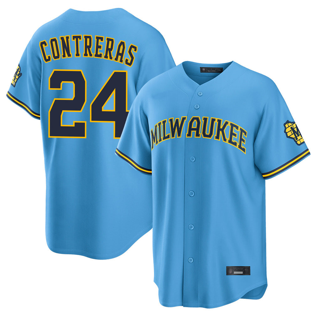 Johmsee M.Brewers #24 William Contreras Player Light Blue Road Stadium Game Stitched Jerseys