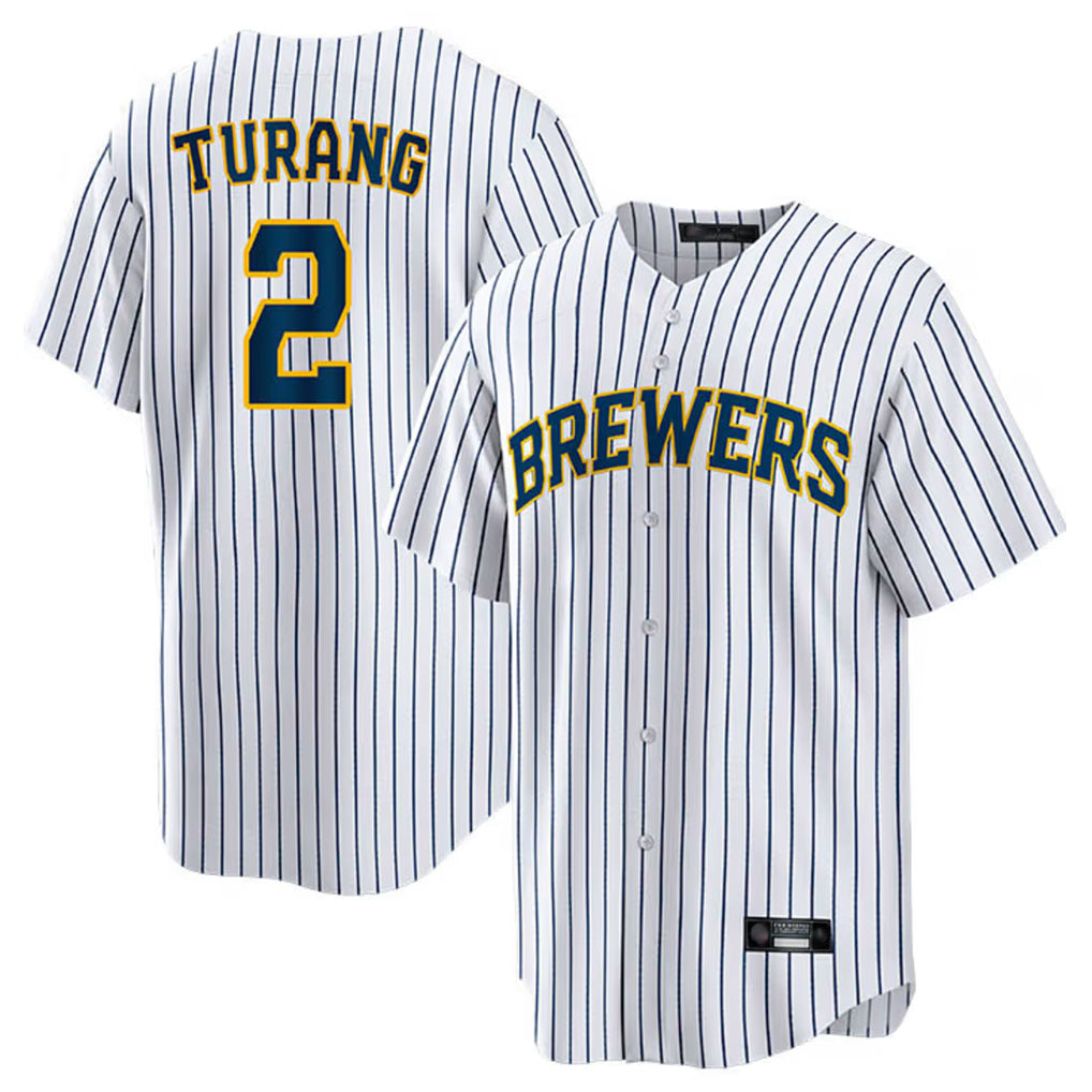 Johmsee M.Brewers #2 Brice Turang Player White Stripes Home Game Stitched Jerseys