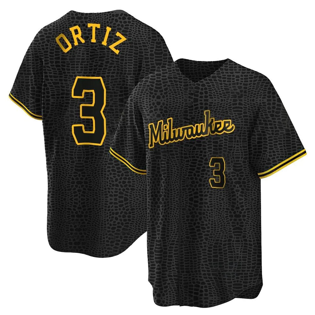 Johmsee M.Brewers #3 Joey Ortiz Player Black Snake Skin City Home Game Stitched Jerseys