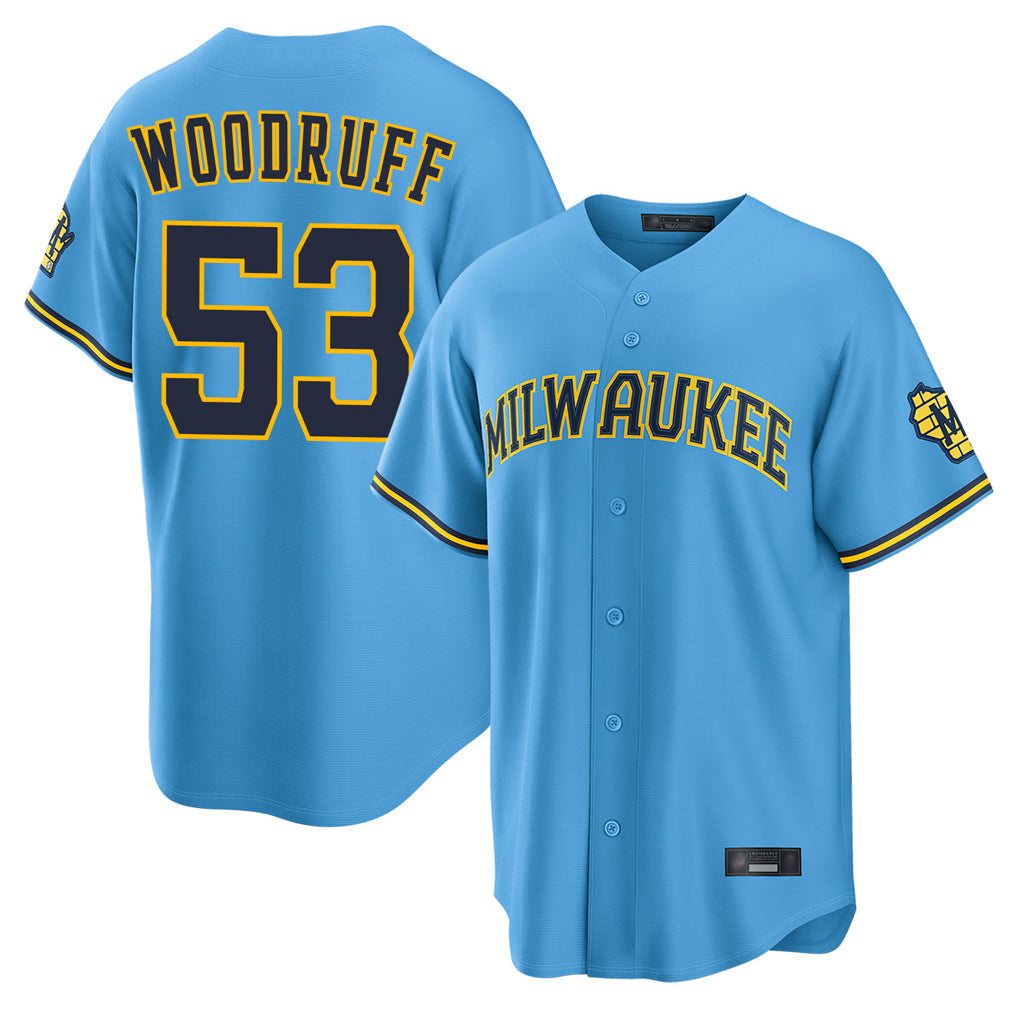 Johmsee M.Brewers #53 Brandon Woodruff Player Light Blue Road Stadium Game Stitched Jerseys
