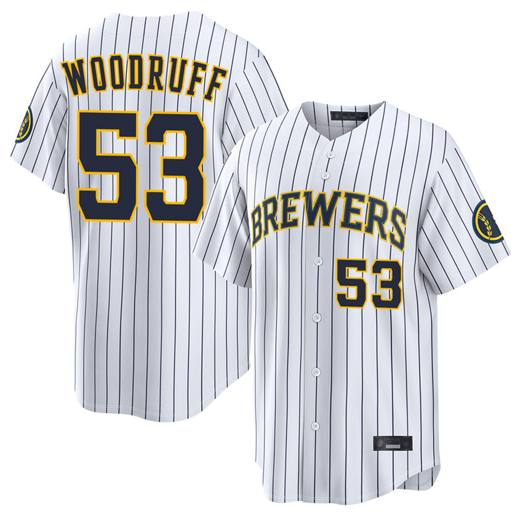 Johmsee M.Brewers #53 Brandon Woodruff Player White Stripes Home Limited Game Stitched Jerseys