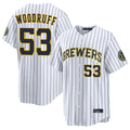 Johmsee M.Brewers #53 Brandon Woodruff Player White Stripes Home Limited Game Stitched Jerseys