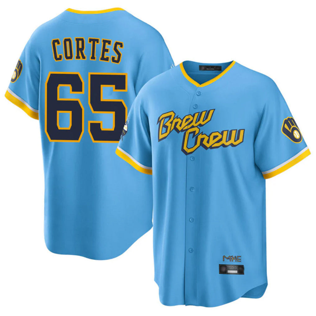 Johmsee M.Brewers #65 Nestor Cortes Player Light Blue City Connect Home Game Stitched Jerseys